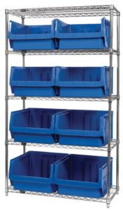 plastic bins on nsf approved wire shelving for medical storage