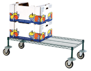 black dunnage rack holding crate of fruit