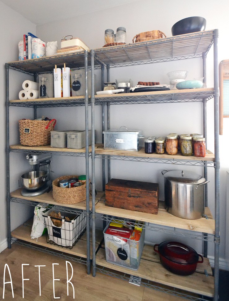 two chrome wire shelving units painted gray with wood bloc shelves and holding kitchen items