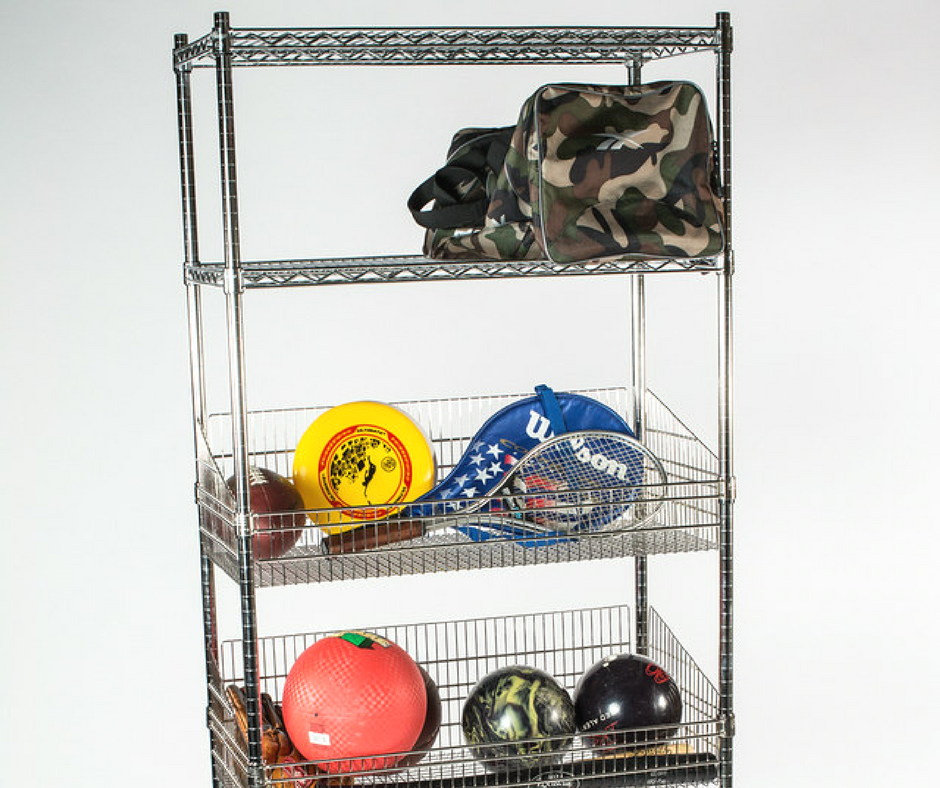 basket and chrome wire shelving unit holding sporting equipment