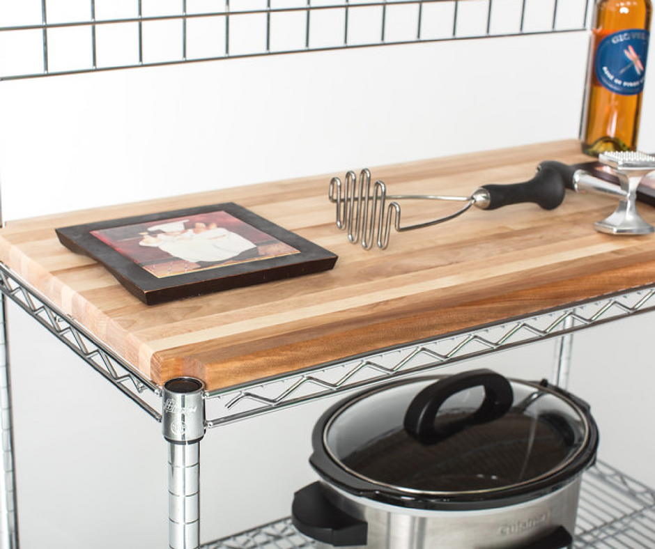 butcher block shelf top on a chrome wire bakers rack