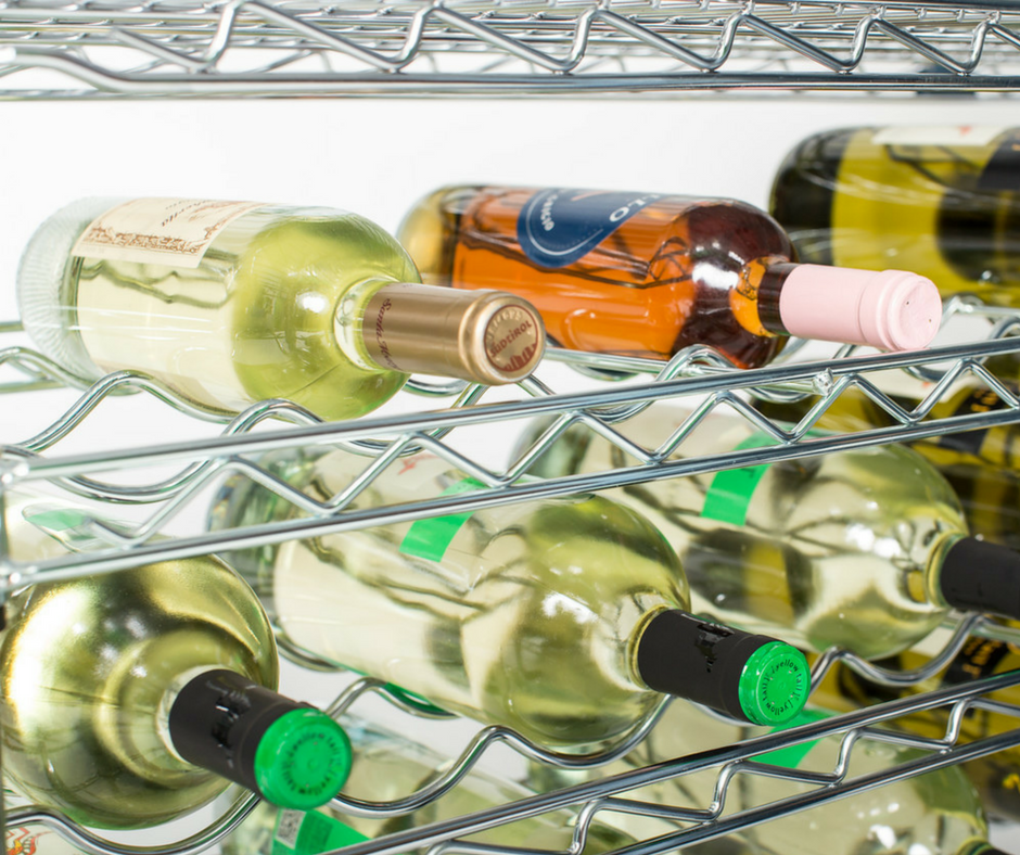 chrome wire wine rack shelves holding wine
