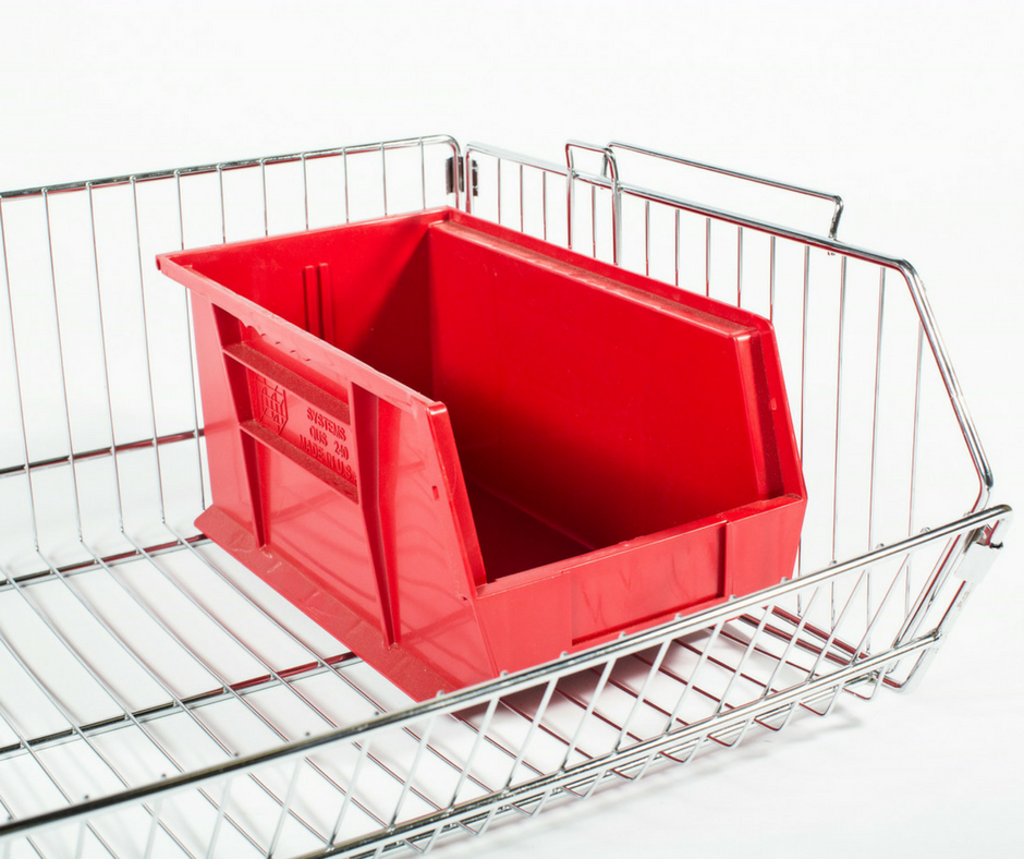 wire basket shelf with red bin on display