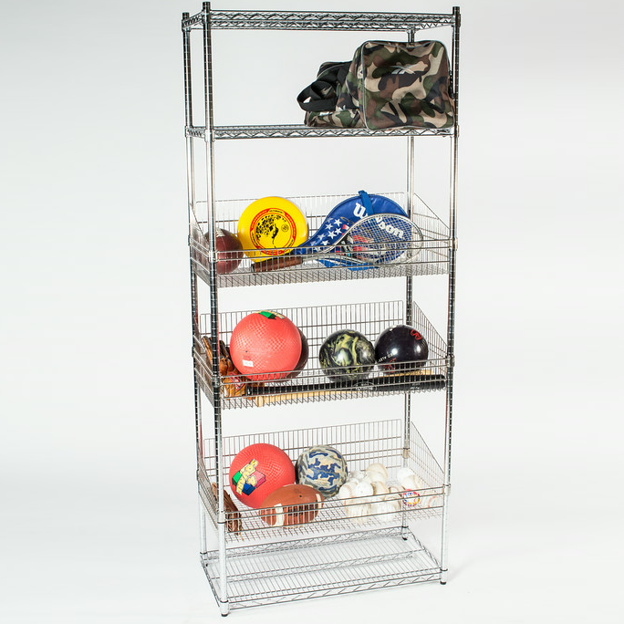 chrome wire shelving unit holding sporting gear