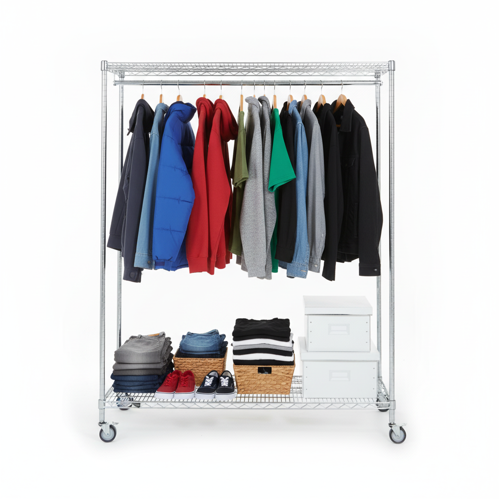 Chrome garment rack - fully styled with garments and accessories