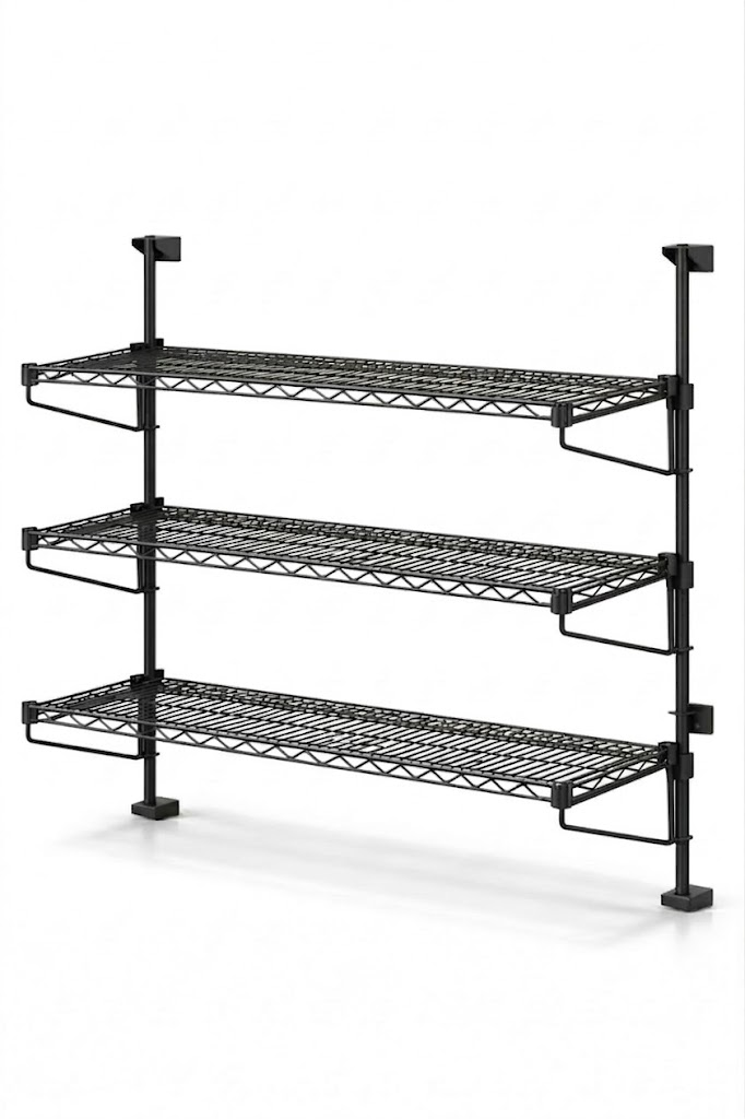 24" Deep x 54" Wide 3 Tier Black Adjustable Wall Mount Shelving Kit