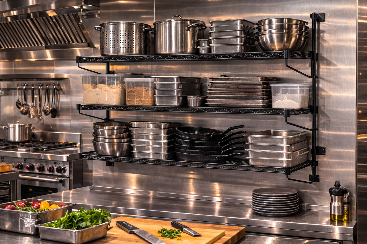 24" Deep x 54" Wide 3 Tier Black Adjustable Wall Mount Shelving Kit