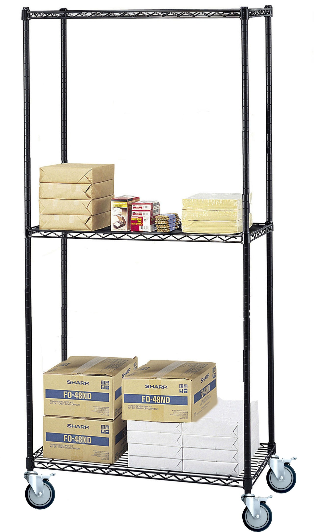 3-tier black mobile wire shelf truck 24W x 14D inches