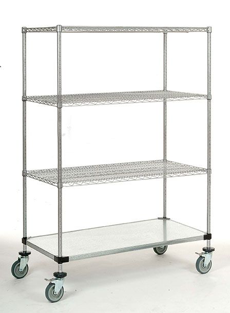 4-tier chrome mobile wire shelf truck 30W x 21D inches