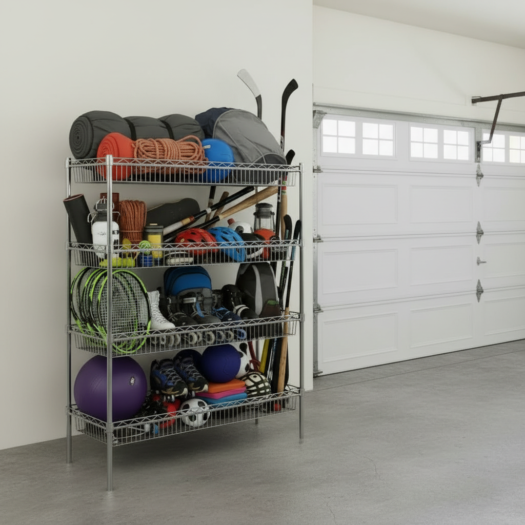 4-tier chrome basket shelf unit in residential garage