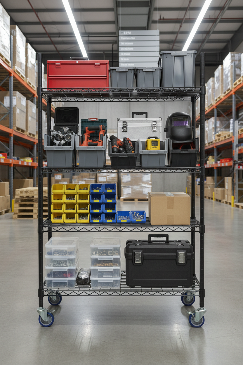 4-Tier Shelving Truck in Warehouse with Background Elements