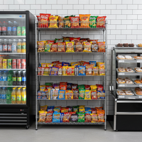 5-tier chrome basket shelf unit in store with snacks