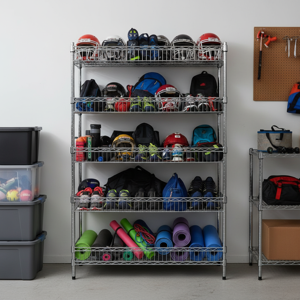 5-tier chrome basket shelf unit with athletic items in residential storage