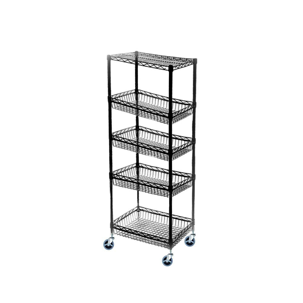5-tier black mobile wire shelf truck 24W x 14D inches