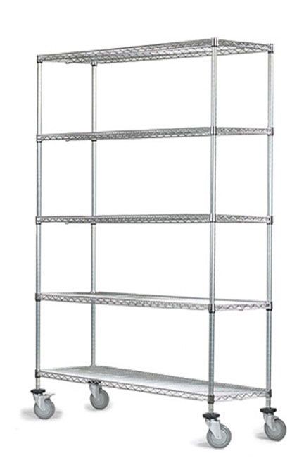 5-tier chrome mobile wire shelf truck 30W x 24D inches