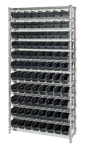 Wire shelving unit with 176 storage bins 72 inches wide by 12 inches deep