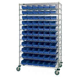 Blue polypropylene bins on wire shelving unit 72x12x74