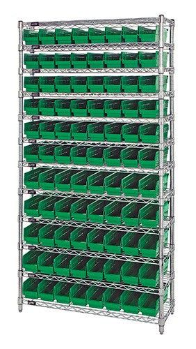 Green polypropylene bins on wire shelving unit 72x12x74