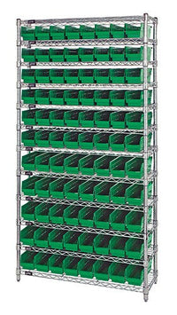 Green polypropylene bins on wire shelving unit 72x12x74