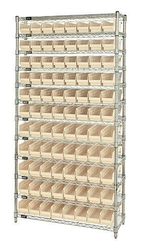 Ivory polypropylene bins on wire shelving unit 72x12x74