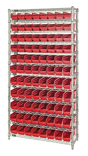 Red polypropylene bins on wire shelving unit 72x12x74
