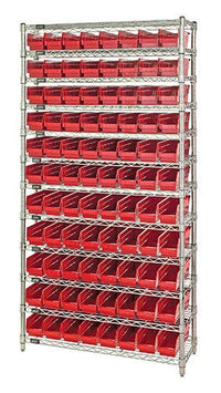 Red polypropylene bins on wire shelving unit 72x12x74