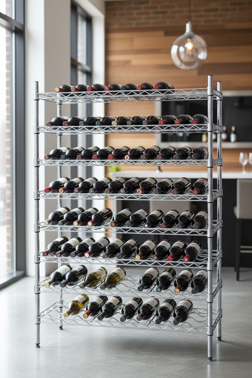 Chrome wine rack with bottles in elegant setting