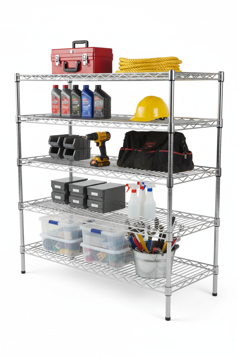 Five-tier chrome wire shelving unit with props