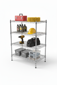 Four-tier chrome wire shelving unit with updated props