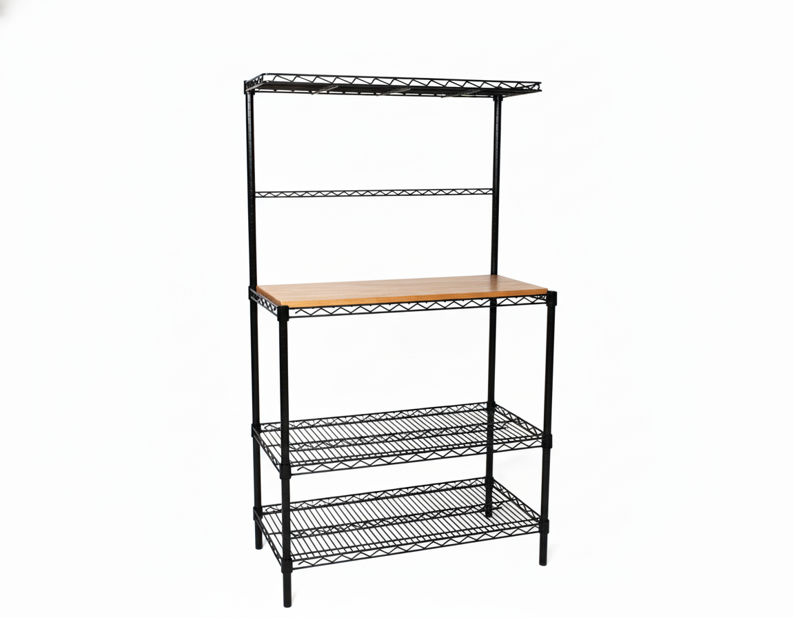 Deluxe Black Bakers Rack with Butcher Block – Omega Products Corporation
