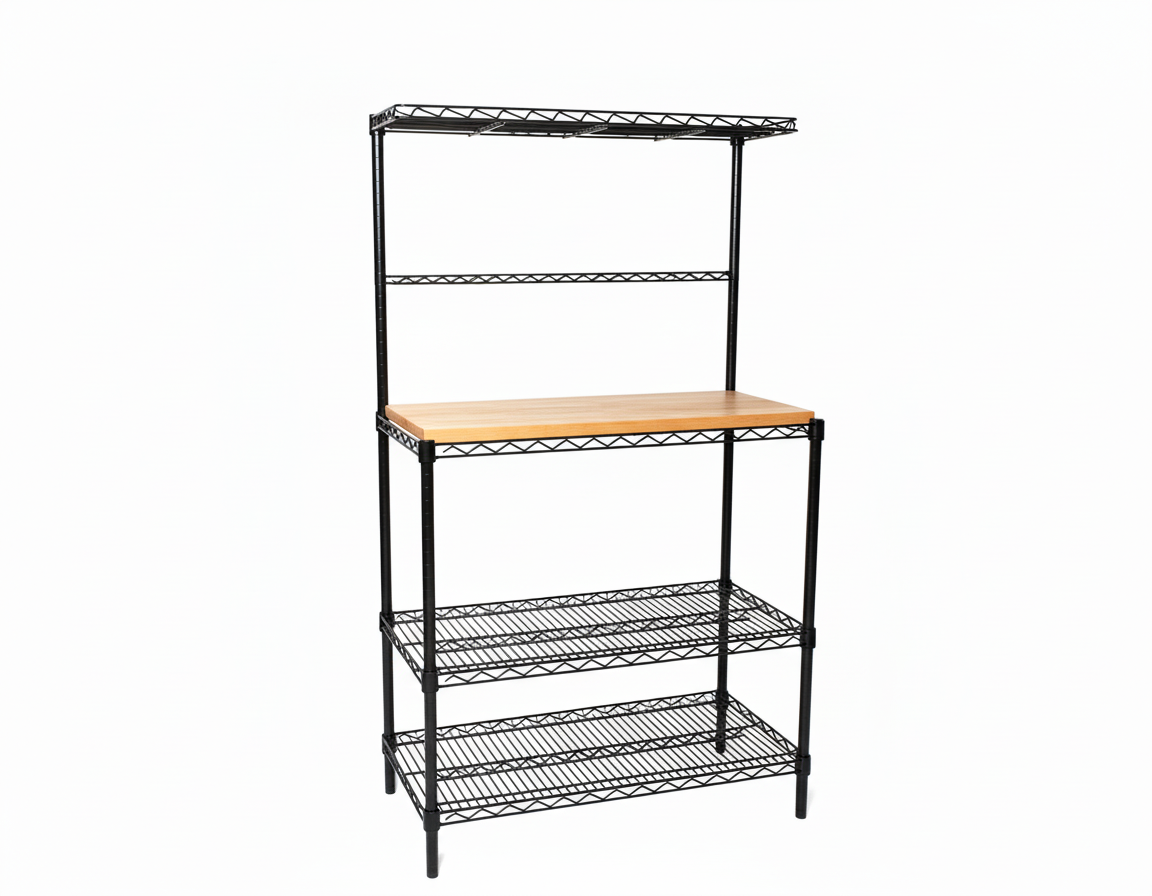 Deluxe Black Bakers Rack with Butcher Block – Omega Products Corporation
