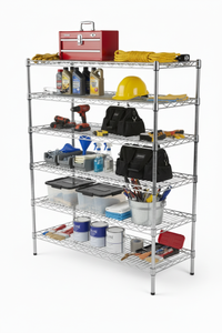 Six-tier chrome wire shelving unit with more props