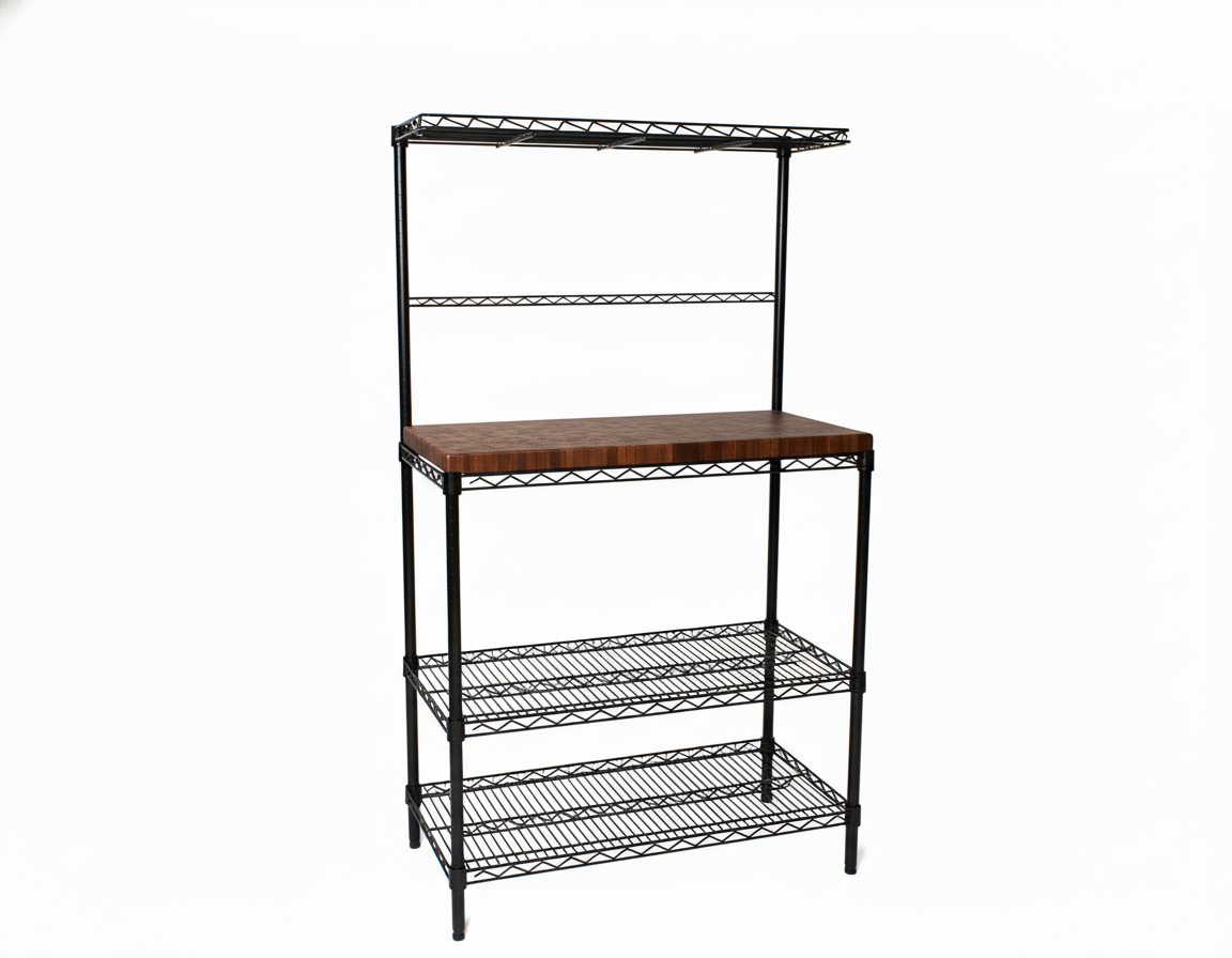 black bakers rack with butcher block top
